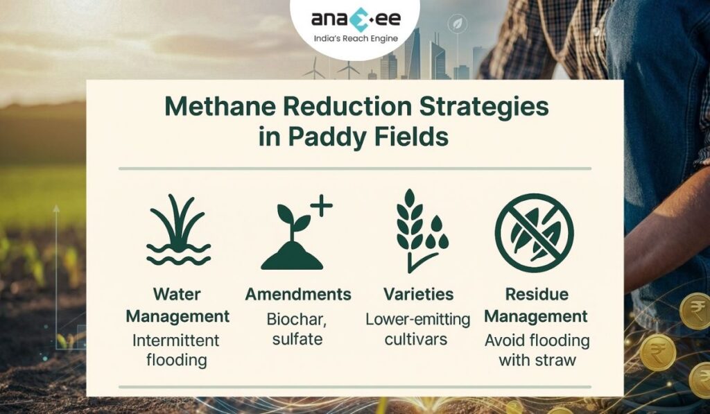 An infographic showing four methane-reduction strategies in rice systems: water management with intermittent flooding, soil amendments like biochar and sulfate, lower-emitting rice varieties, and residue management that avoids flooding fields with straw.