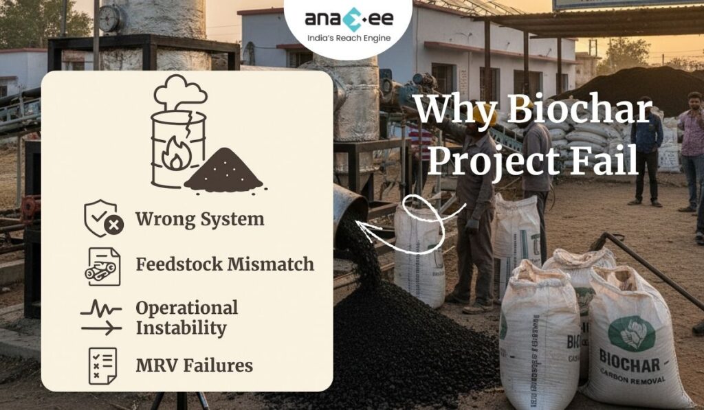 Infographic summarizing the major reasons biochar projects fail, including choosing the wrong pyrolysis system, feedstock mismatch, operational instability, and MRV failures, placed over an active biochar production site.