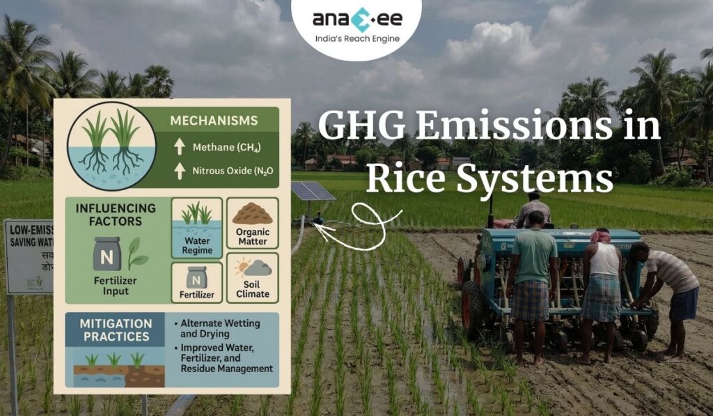 Header image showing farmers working in a rice field with a project signboard, overlaid with the blog title “Reducing GHG Emissions in Rice Systems: Mechanisms, Measurement & Anaxee’s Tech for Climate Impact” and Anaxee branding.