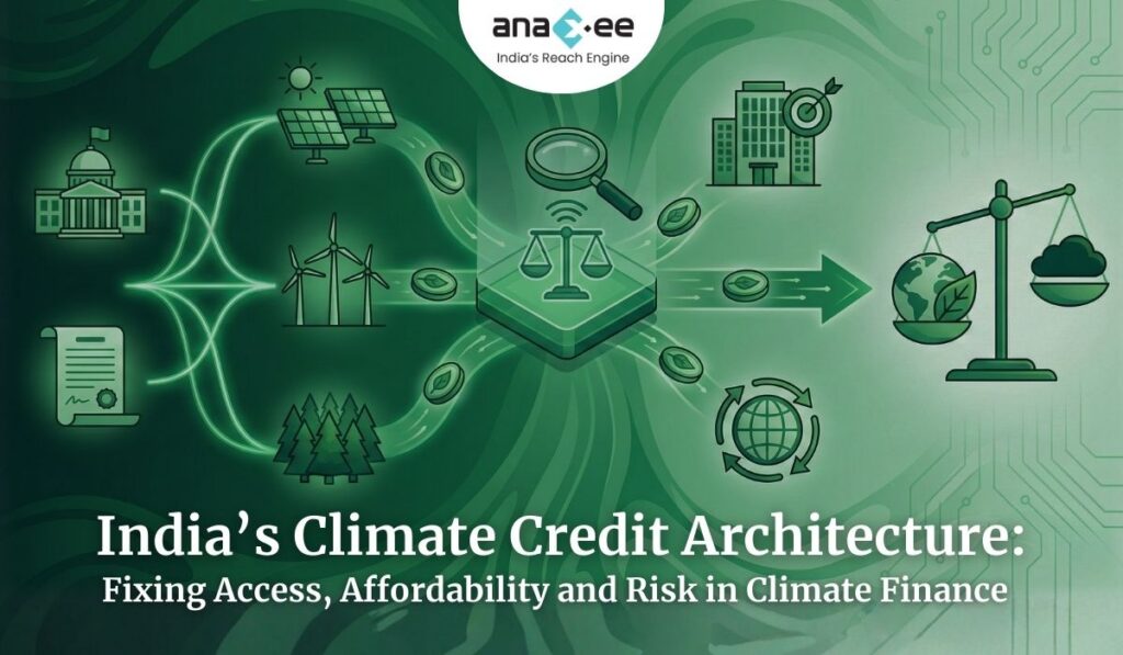 Cover graphic with green financial-ecosystem illustrations including wind turbines, trees, buildings, government icons, and a central justice scale, representing India’s climate credit architecture and the need to fix access, affordability, and risk in climate finance.