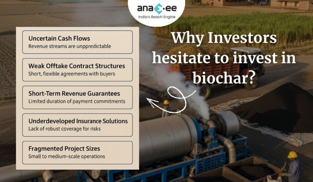 A visual graphic highlighting why investors hesitate to finance biochar, showing a list of challenges like unpredictable cash flows, weak offtake structures, short revenue guarantees, poor insurance coverage, and small project scale, placed over a field-side biochar production setting.