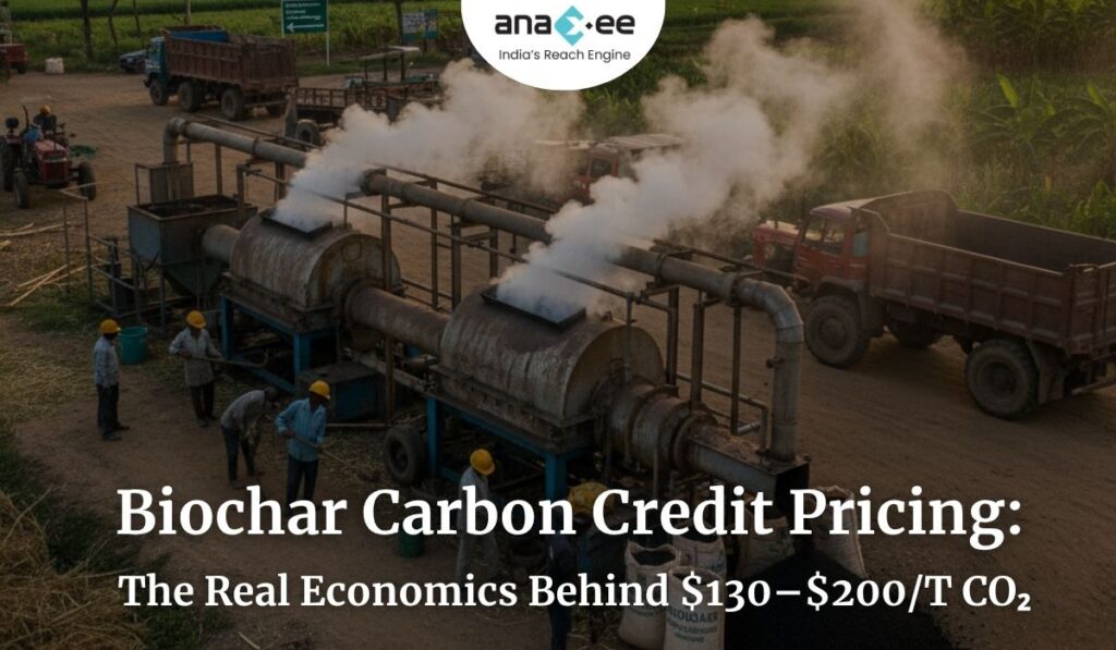 A rural biochar production facility with workers operating pyrolysis units releasing steam, used as a cover image for a blog discussing the economics and pricing of biochar carbon credits.
