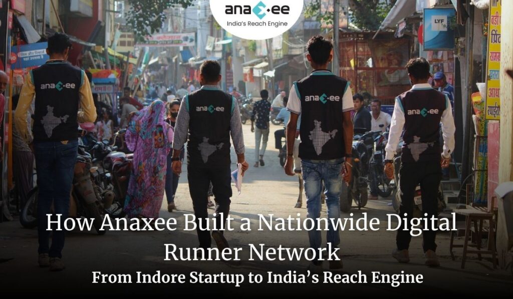 A group of Anaxee Digital Runners walking through a busy rural marketplace, representing Anaxee’s nationwide network connecting India’s villages through technology and human outreach.