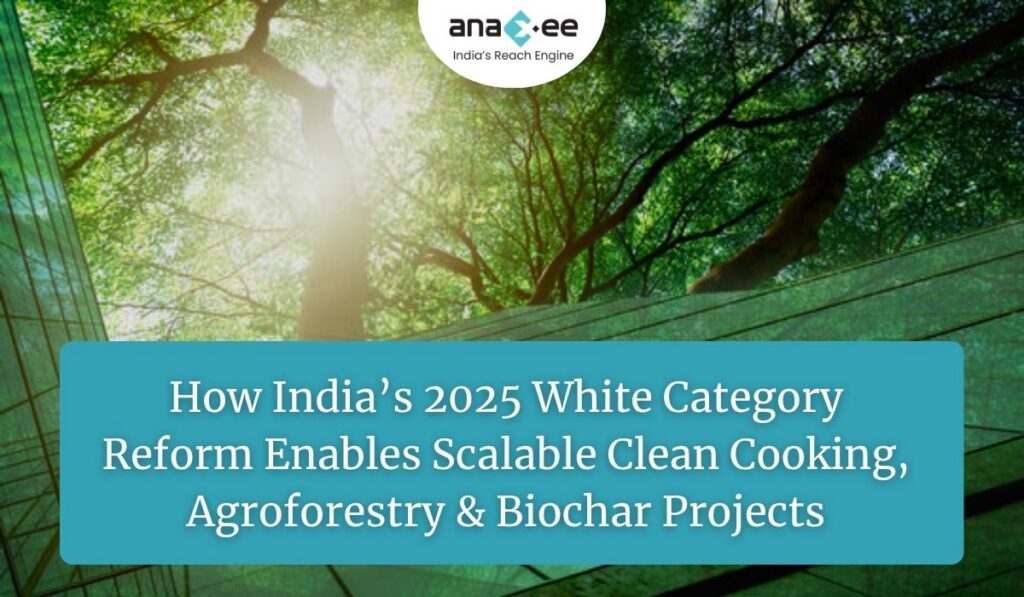 Featured image showing Anaxee’s branding with a forest canopy and glass building background, highlighting the blog focus on how India’s 2025 White Category policy reform enables scaling of clean cooking, agroforestry, and biochar climate projects.