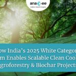 Featured image showing Anaxee’s branding with a forest canopy and glass building background, highlighting the blog focus on how India’s 2025 White Category policy reform enables scaling of clean cooking, agroforestry, and biochar climate projects.