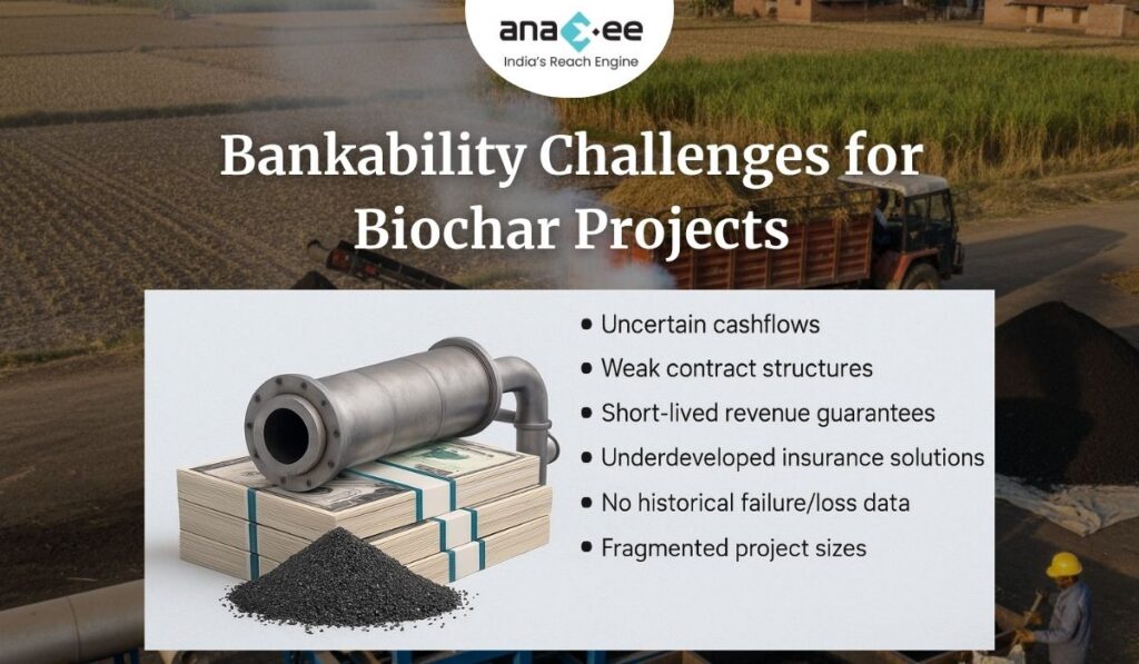 Infographic showing biochar financing challenges, featuring a pyrolysis reactor placed on stacks of money alongside a list of issues such as uncertain cashflows, weak contract structures, short-term revenue guarantees, lack of insurance, limited project history, and fragmented project scale.