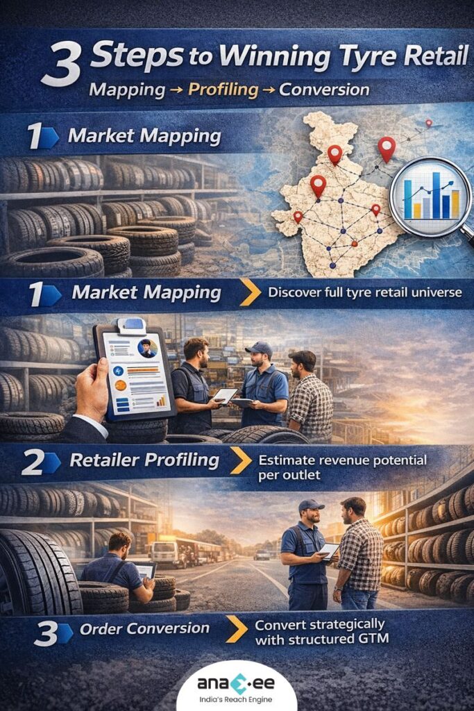 Three step tyre retail GTM framework showing market mapping, retailer profiling and order conversion