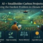 Smallholder farmers and field agents using smartphones while AI, drones, and satellite data visualize carbon monitoring across fragmented agroforestry plots.