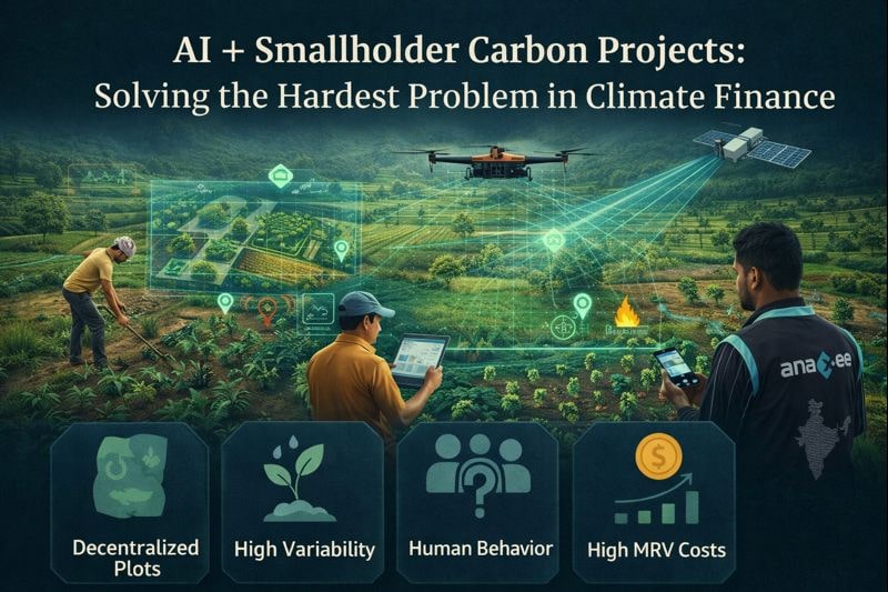 Smallholder farmers and field agents using smartphones while AI, drones, and satellite data visualize carbon monitoring across fragmented agroforestry plots.