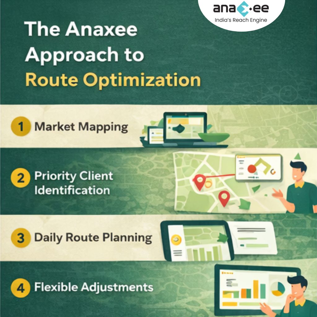 Illustration showing Anaxee’s route optimization approach, including market mapping, priority client identification, daily route planning, and flexible adjustments for non-FMCG field sales teams.