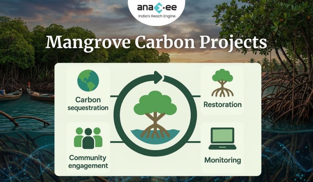 Graphic showing the key components of mangrove carbon projects—carbon sequestration, community engagement, restoration, and monitoring—centered around a mangrove tree icon on a natural background.