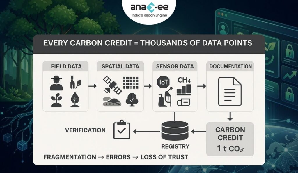 Workflow infographic illustrating the data pipeline behind carbon credits, including field data, spatial data, sensor data, documentation, verification, and registry processes, highlighting risks of fragmentation and errors.