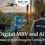 An Anaxee field technician using a tablet in a forest while a drone scans tree cover, with AI holograms and carbon-monitoring graphics representing digital MRV technologies.