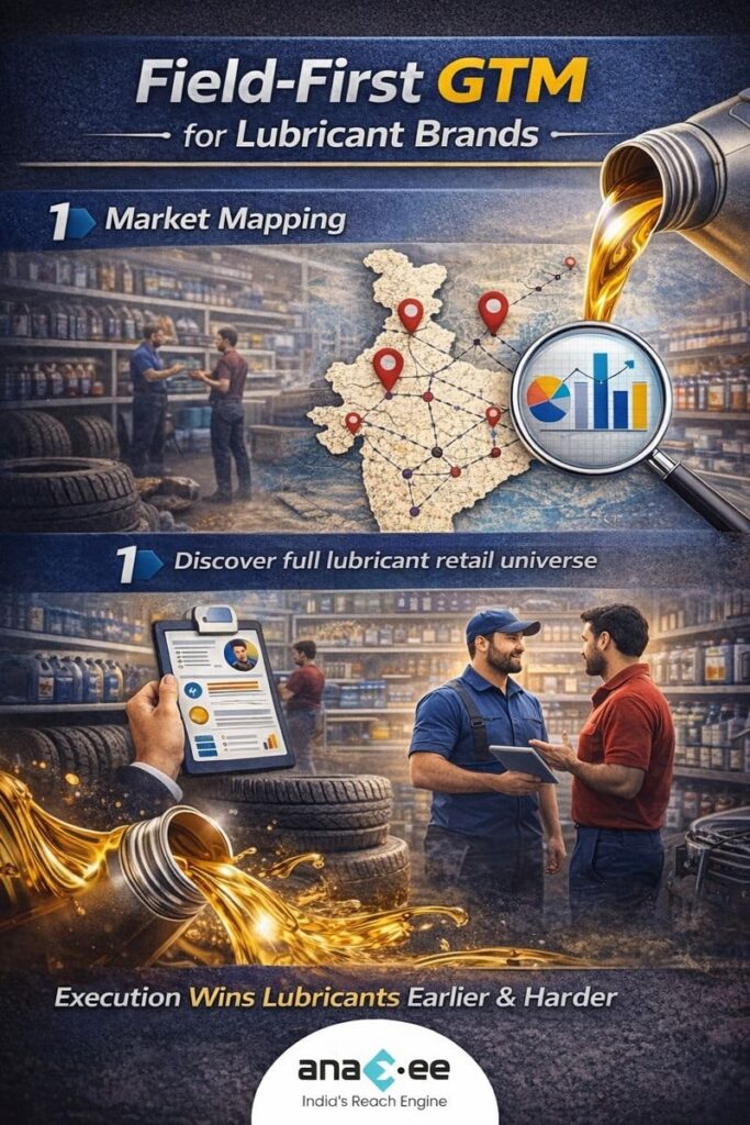 Field-first GTM for lubricant brands showing market mapping and retail universe discovery in India