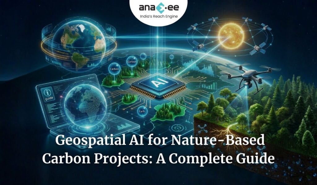 A futuristic digital landscape showing Earth, satellites, drones, AI interfaces, and forest carbon visualizations, representing how geospatial AI monitors and supports nature-based carbon projects, with Anaxee branding at the top.