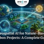 A futuristic digital landscape showing Earth, satellites, drones, AI interfaces, and forest carbon visualizations, representing how geospatial AI monitors and supports nature-based carbon projects, with Anaxee branding at the top.