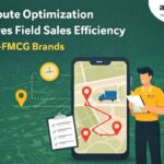 Illustration showing route optimization improving field sales efficiency for non-FMCG brands, with a sales representative using a mobile app to follow an optimized route across multiple client locations.