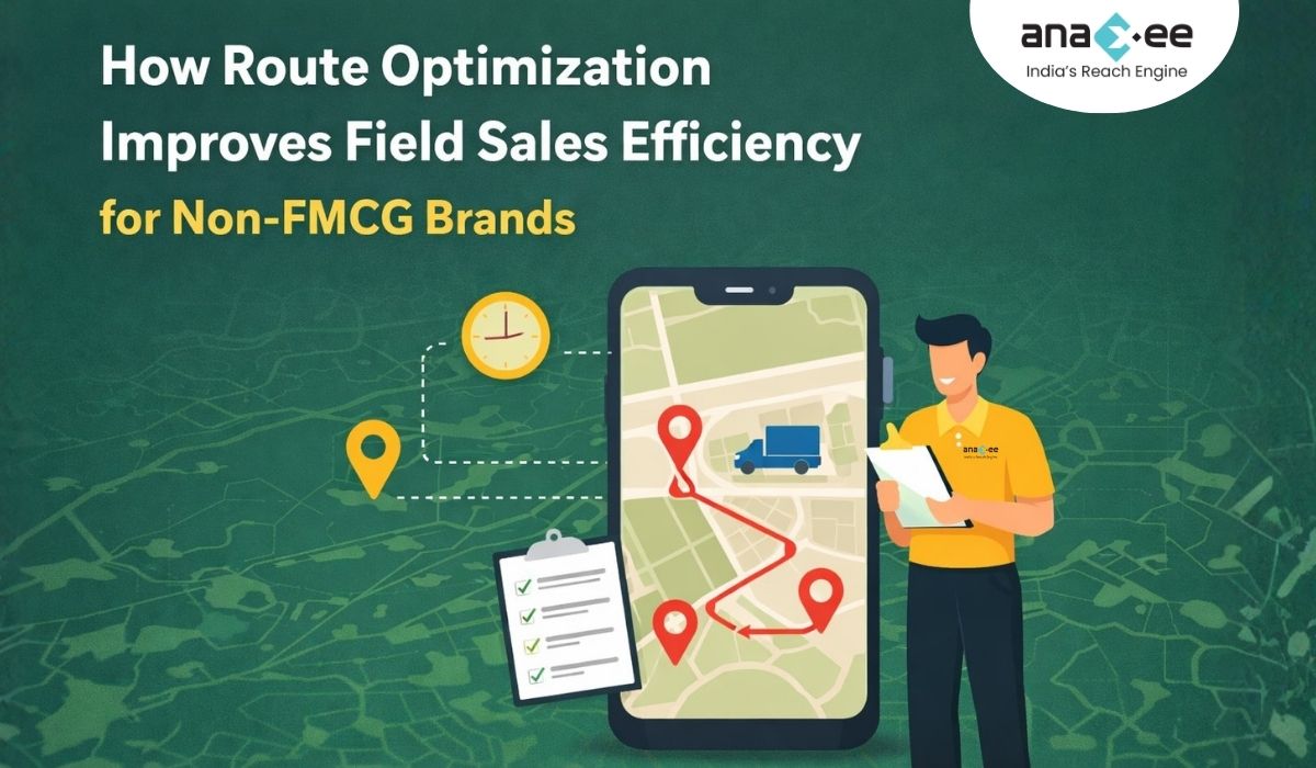 Illustration showing route optimization improving field sales efficiency for non-FMCG brands, with a sales representative using a mobile app to follow an optimized route across multiple client locations.