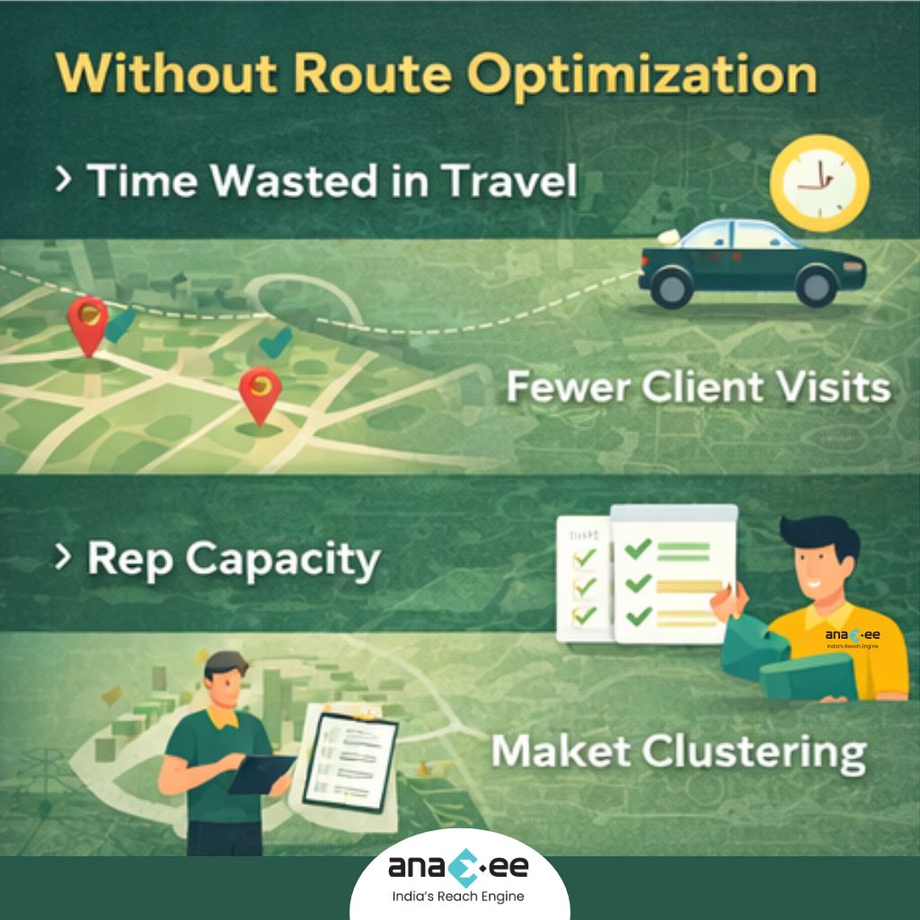 Graphic showing the impact of missing route optimization, including time wasted in travel, fewer client visits, underutilized sales rep capacity, and inefficient market coverage.
