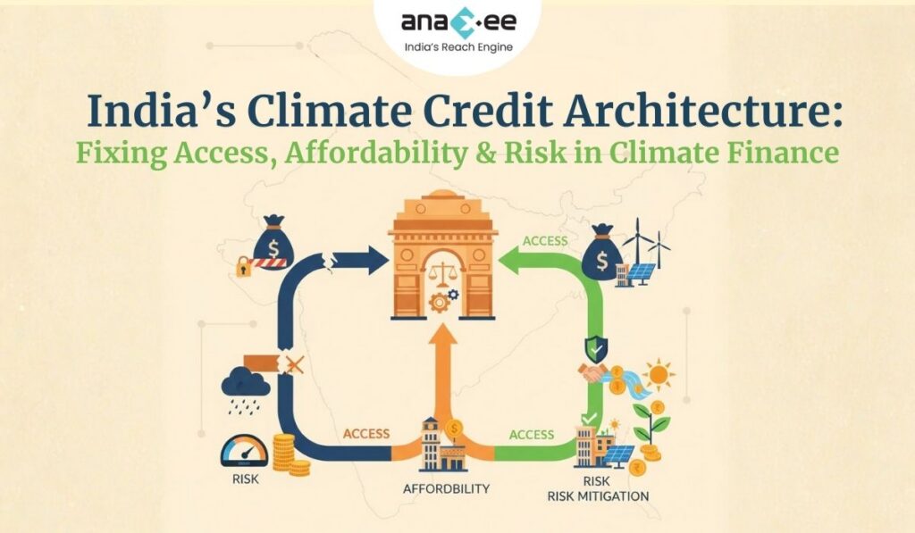 Horizontal infographic illustrating India’s climate credit architecture with icons for access, affordability, risk, renewable energy, green finance, and risk-mitigation pathways, shown around a central India map and government gateway symbol.