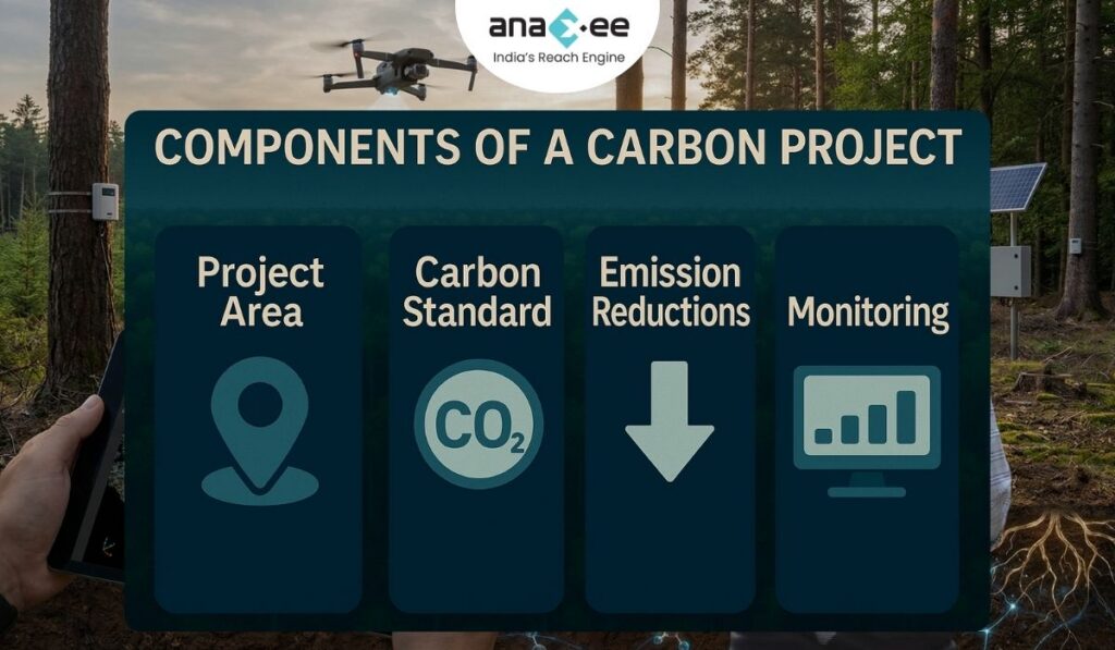 Infographic showing four pillars of a carbon project—project area, carbon standard, emission reductions, and monitoring—represented with icons of a map pin, CO₂ badge, downward arrow, and monitoring chart.