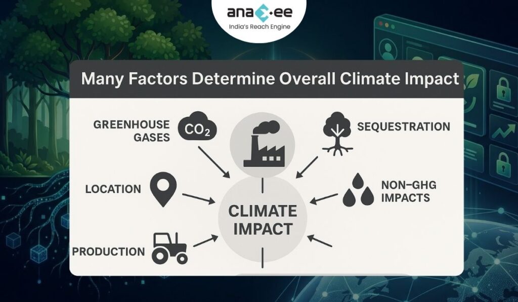 Infographic showing how greenhouse gases, sequestration, production practices, location, and non-GHG impacts contribute to total climate impact, with icons pointing to a central climate impact circle.