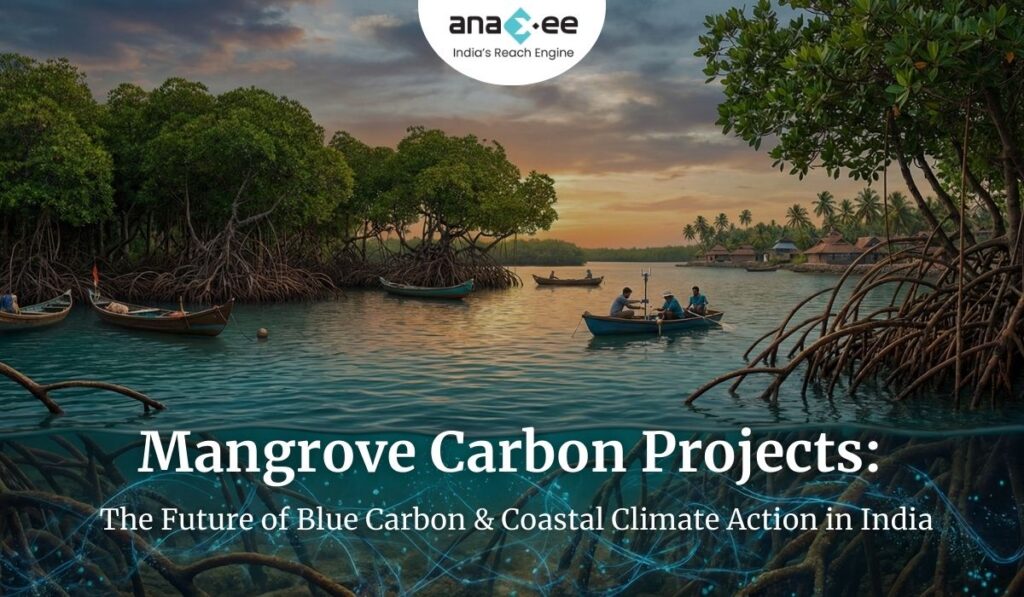 Header image featuring mangrove forests, small boats, and sunset scenery with the title “Mangrove Carbon Projects: The Future of Blue Carbon & Coastal Climate Action in India” and Anaxee logo.