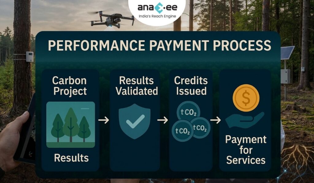 Infographic illustrating the payment flow in carbon projects—project results, validated results, credits issued, and payment for services—using icons of forests, shields, carbon credit tokens, and a hand receiving money.