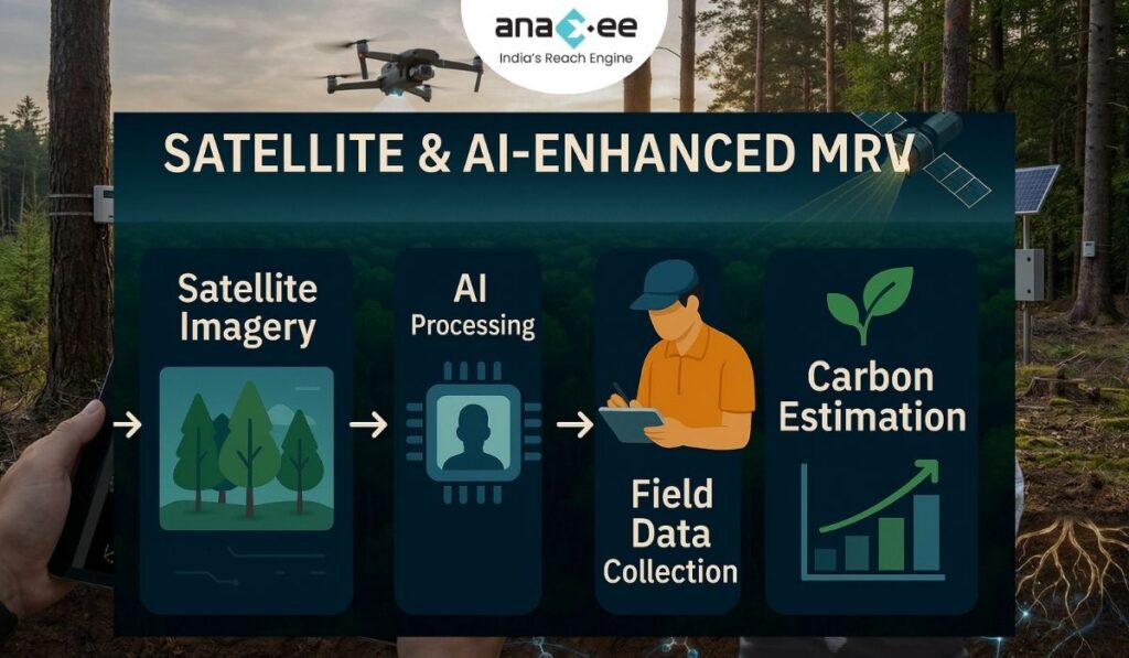 Infographic showing the MRV pipeline: satellite imagery feeding into AI processing, followed by field data collection, leading to carbon estimation, with icons for sensors, processors, field workers, and growth charts.