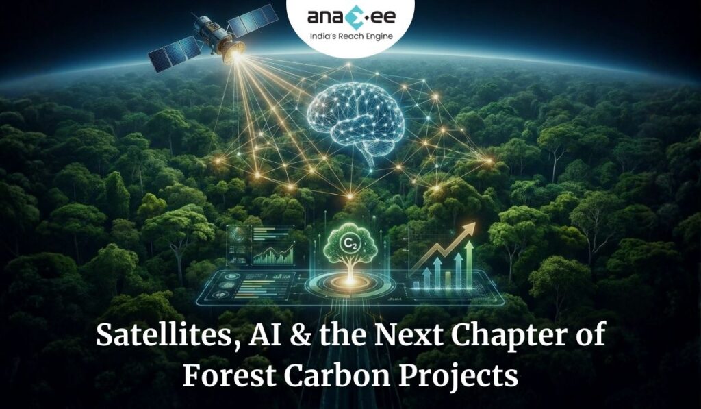 A satellite scanning a dense forest with AI neural network graphics, showing carbon data dashboards and a glowing brain symbolizing artificial intelligence, with Anaxee branding at the top.