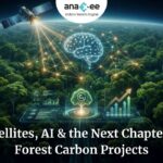 A satellite scanning a dense forest with AI neural network graphics, showing carbon data dashboards and a glowing brain symbolizing artificial intelligence, with Anaxee branding at the top.