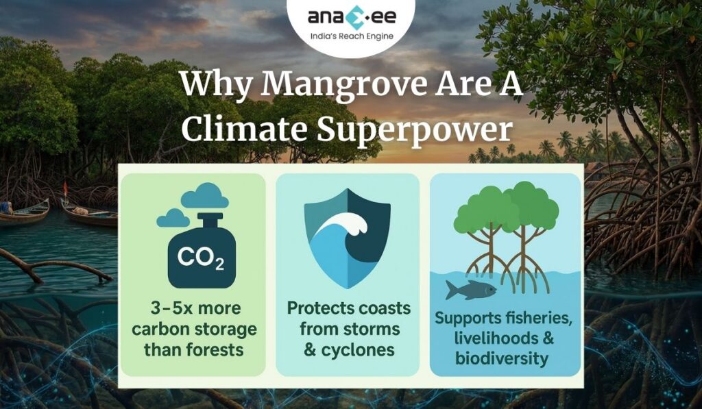 Infographic showing why mangroves are climate superpowers, including high carbon storage, cyclone protection, and support for biodiversity, with icons and a mangrove forest background.