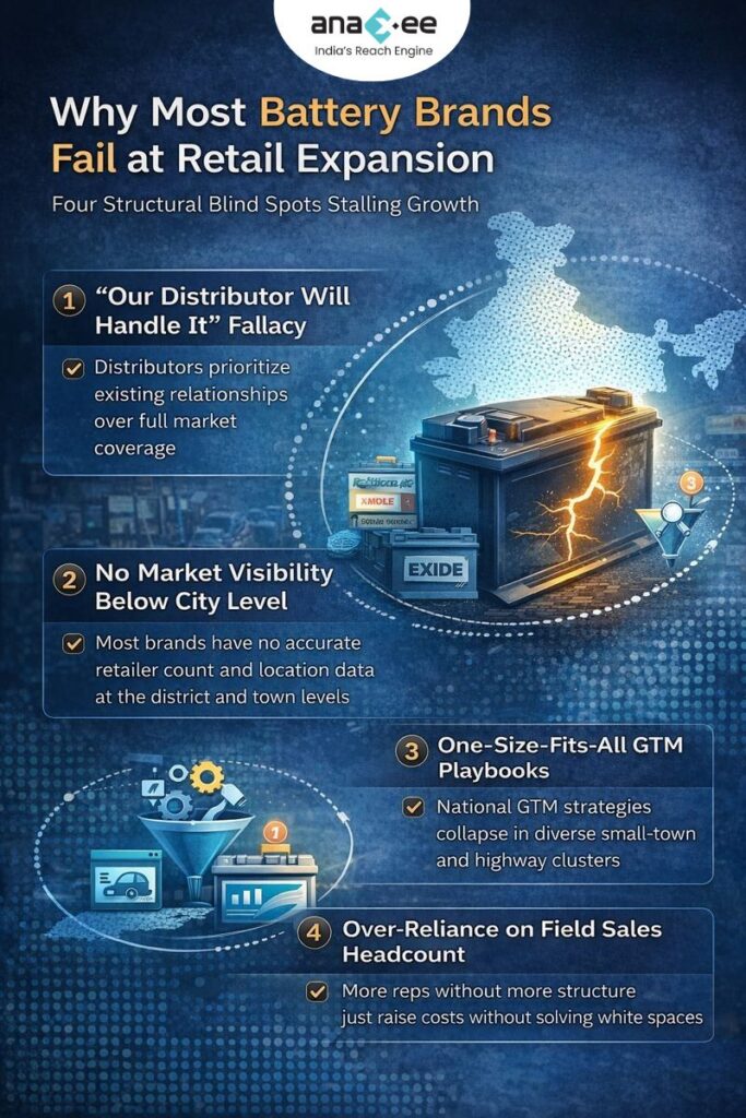 Infographic showing four reasons automotive battery brands struggle with retail expansion in India, including distributor dependence, lack of district-level visibility, one-size-fits-all GTM strategies, and over-reliance on field sales teams.