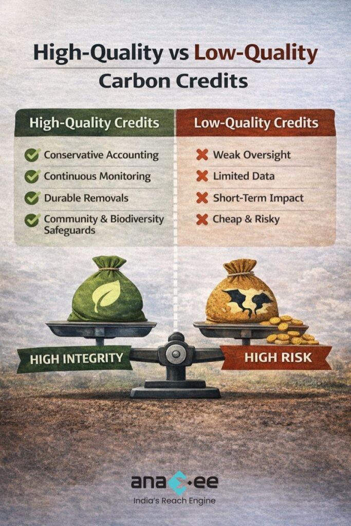 Comparison of high-quality and low-quality carbon credits based on monitoring, durability, transparency, and risk