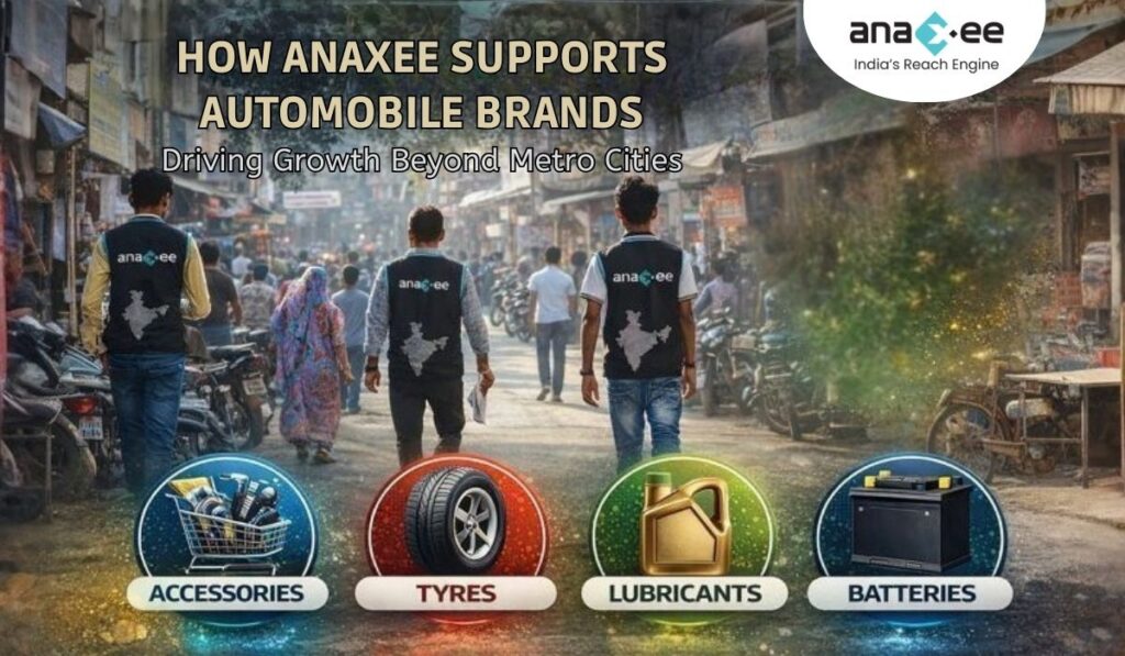 Anaxee field team walking through a busy Indian market showing support for automobile accessory, tyre, lubricant, and battery brands in non-metro cities