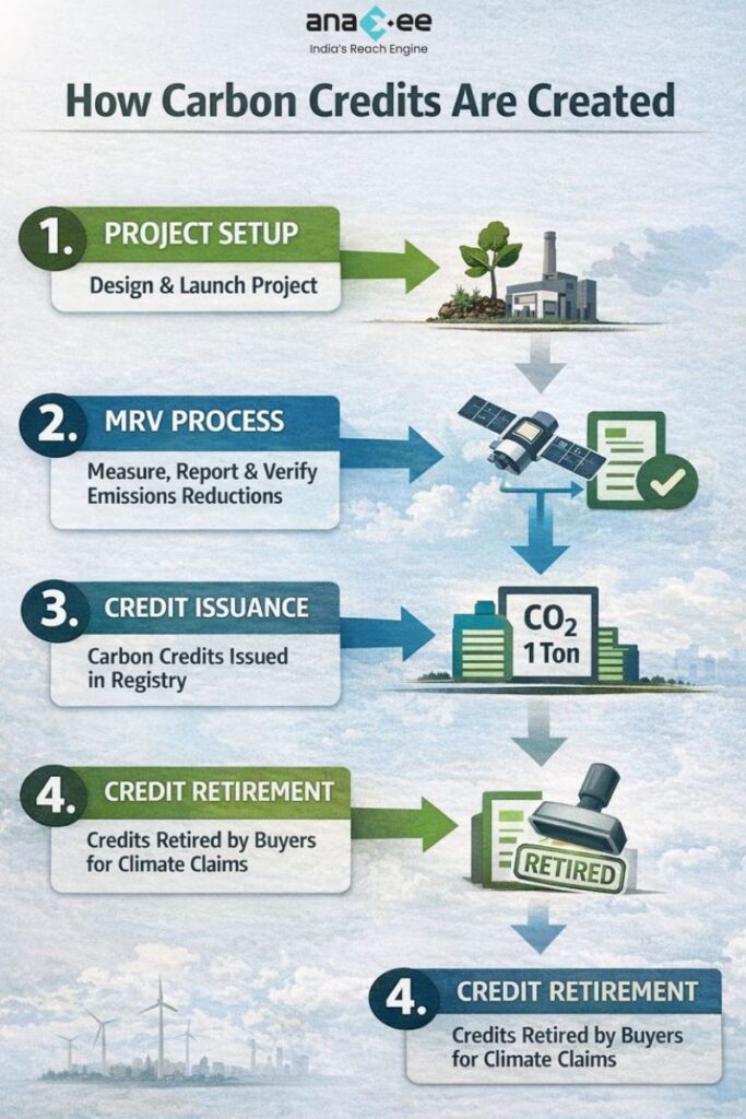 How carbon credits are created, from project setup and MRV to credit issuance and retirement in the voluntary carbon market