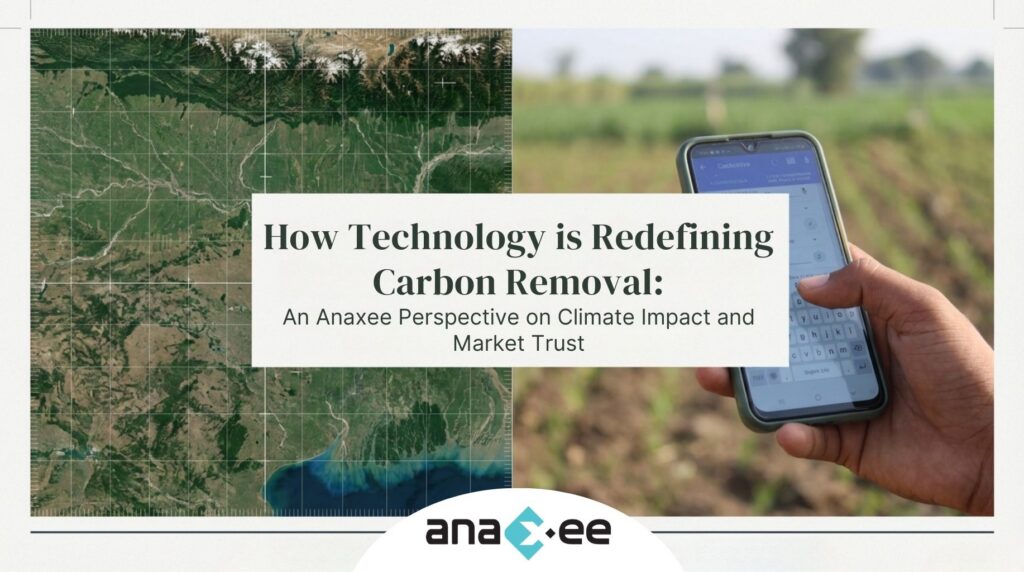 Satellite imagery and on-ground mobile data collection representing Anaxee’s technology-led approach to carbon removal, climate impact measurement, and market trust.