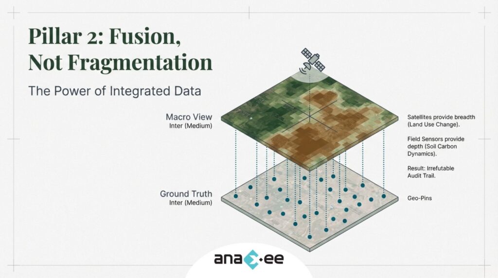 Layered visualization combining satellite imagery and ground-level field sensors to create a unified, auditable data system for accurate carbon measurement.