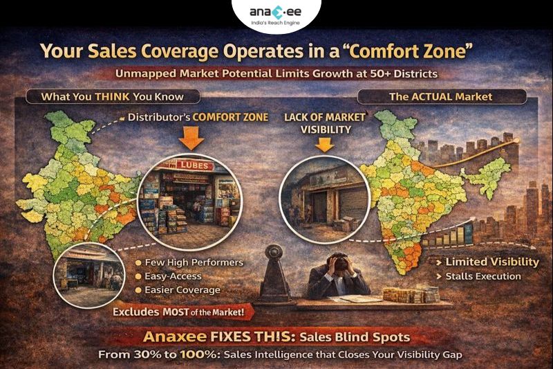 Infographic explaining how distributor comfort zones cover only a small portion of the market, leaving most retailers unmapped and limiting sales growth