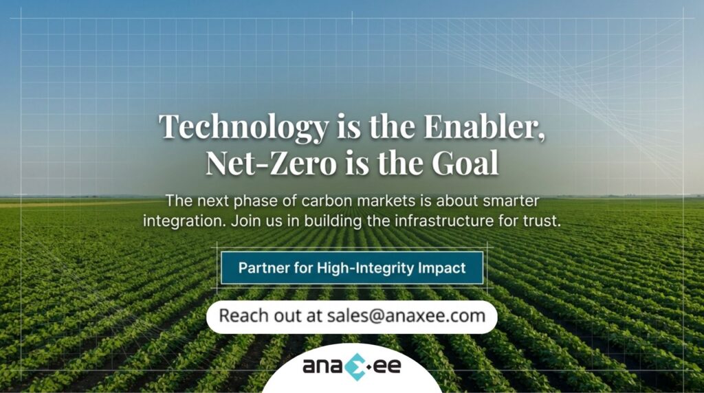 Agricultural landscape with digital grid overlay illustrating how technology enables scalable carbon markets and supports the transition toward net-zero emissions.