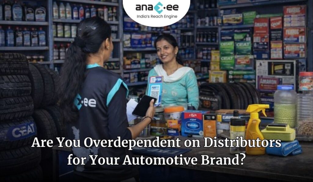 Infographic showing risks of overdependence on automotive distributors across tyres, batteries, lubricants, and accessories in Indian retail markets