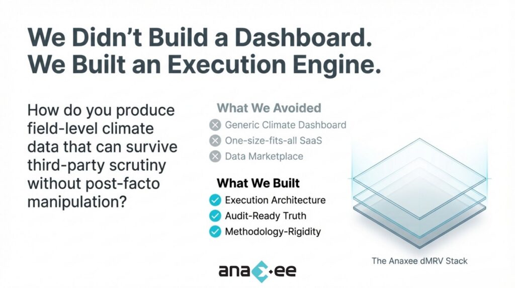 Illustration explaining Anaxee’s dMRV philosophy, highlighting execution architecture, audit-ready truth, and methodology rigidity instead of generic dashboards or SaaS tools.
