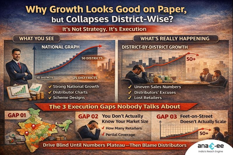 Comparison of national sales growth versus district-wise performance showing uneven execution, lost retailers, and distributor-led blind spots after 50 districts