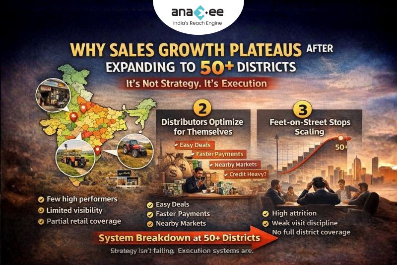 Infographic explaining why sales growth plateaus after expanding to 50+ districts due to distributor priorities, limited visibility, and feet-on-street scaling issues