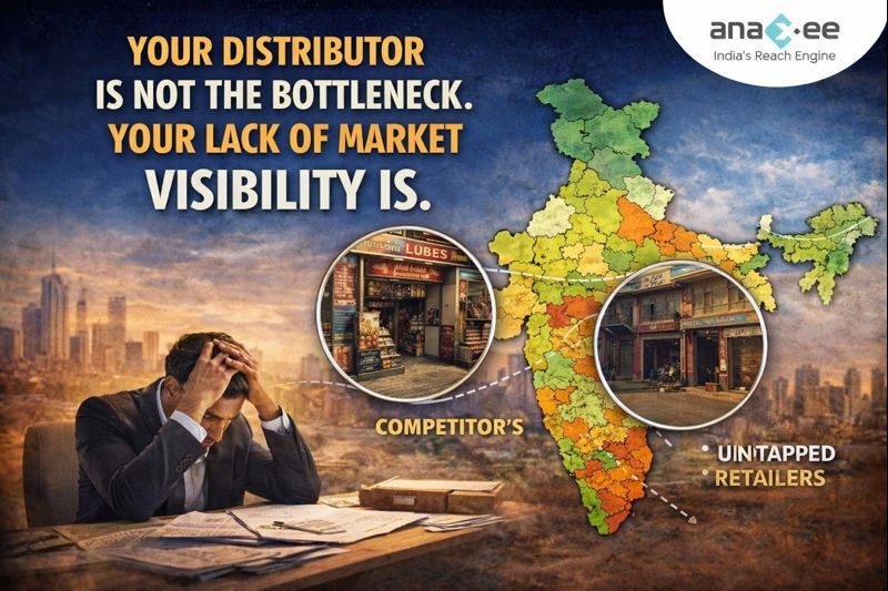 Visual showing that sales bottlenecks come from lack of market visibility rather than distributor performance, highlighting untapped retailers across India