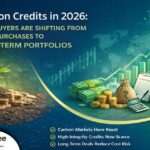 Illustration showing how carbon credit buyers in 2026 are moving from spot purchases to long-term carbon portfolios due to rising prices and scarcity