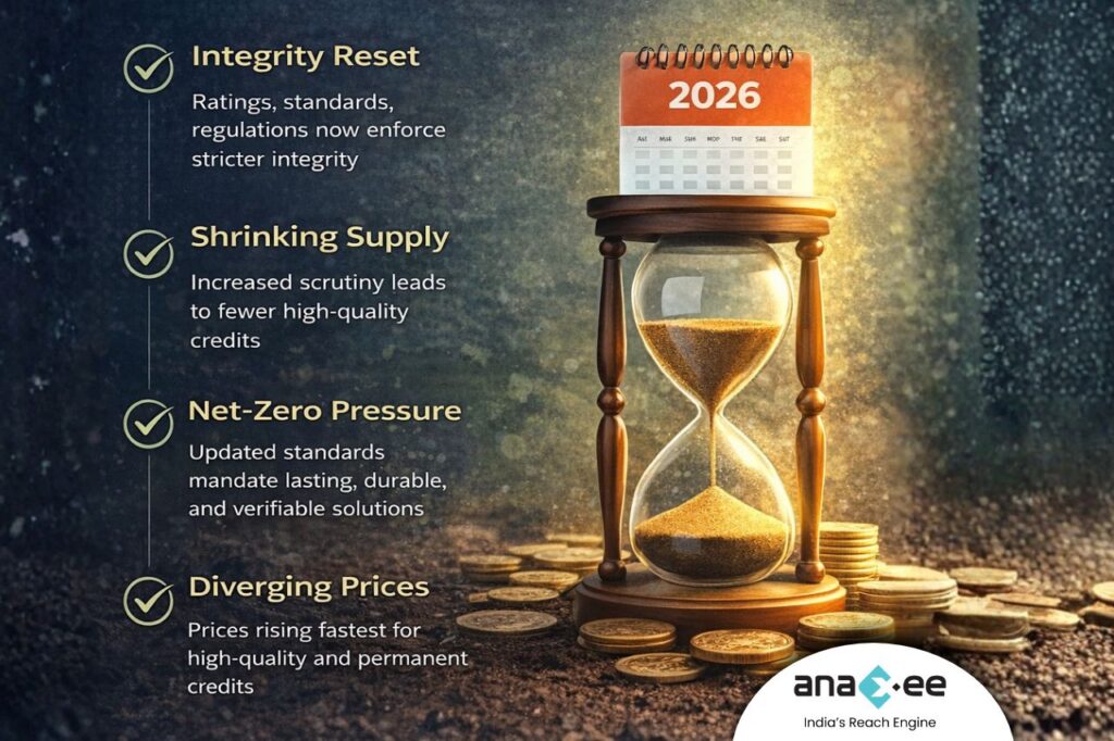 Infographic explaining the 2026 carbon market reset, highlighting integrity standards, shrinking supply, net-zero pressure, and rising prices for high-quality credits