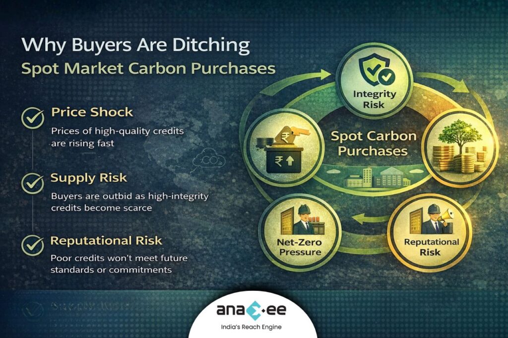 Diagram showing the risks of spot carbon credit purchases, including price shocks, supply scarcity, integrity concerns, and reputational risk