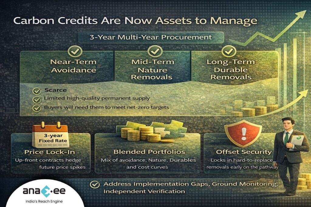 Visual explaining why carbon credits are treated as strategic assets in 2026, including price lock-in, scarcity, and long-term net-zero planning