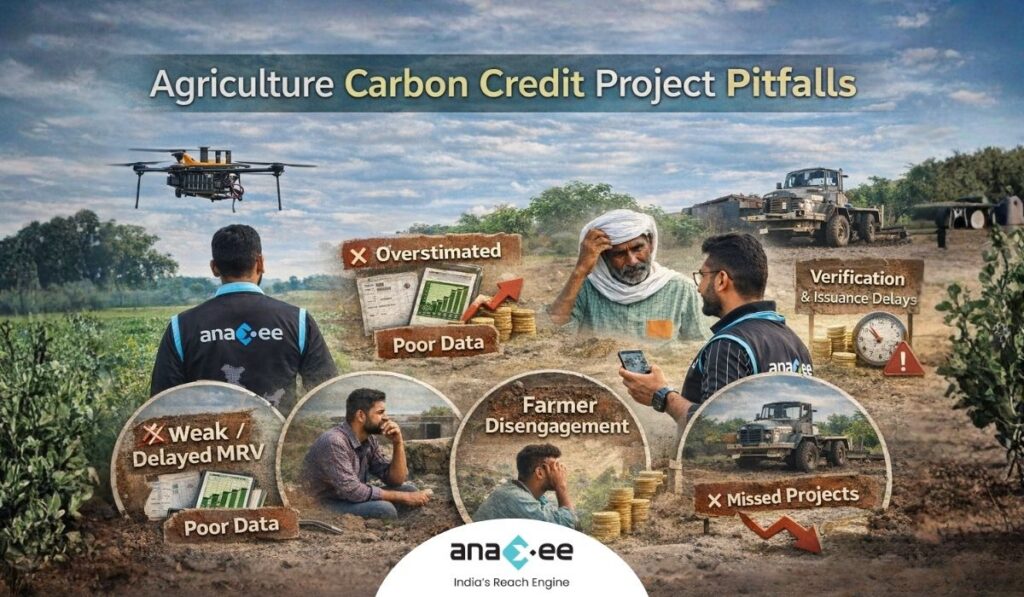 Infographic showing common agriculture carbon credit project risks including weak MRV systems, poor data quality, farmer disengagement, verification delays, and missed project outcomes.